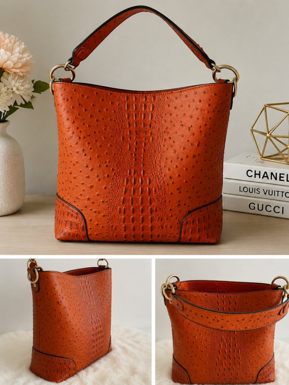 Orange Croc embossed large shoulder bag